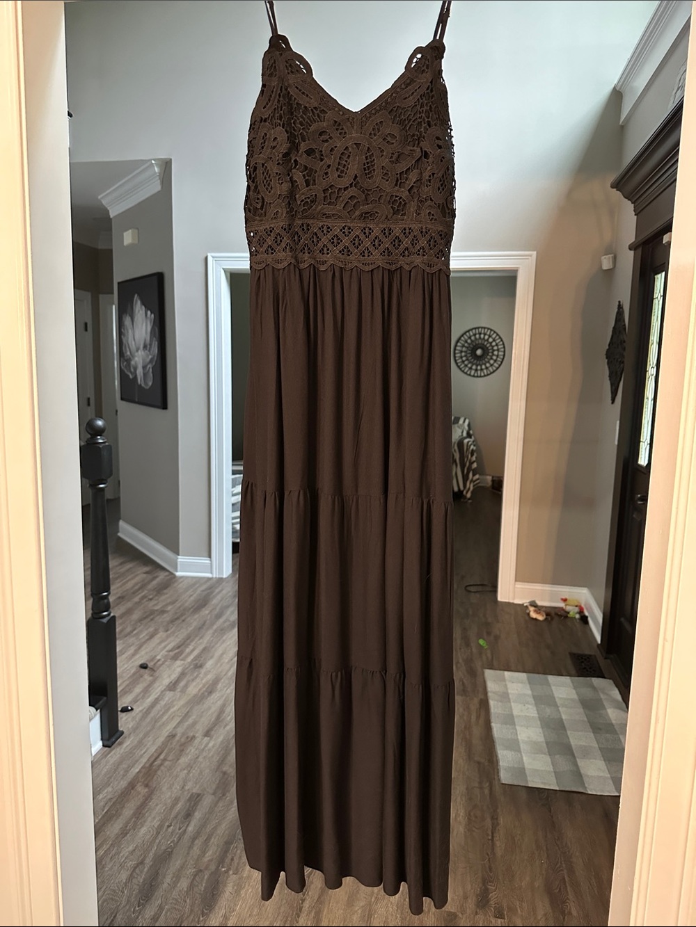 Delicious Black Crochet Bodice Tiered Maxi dress